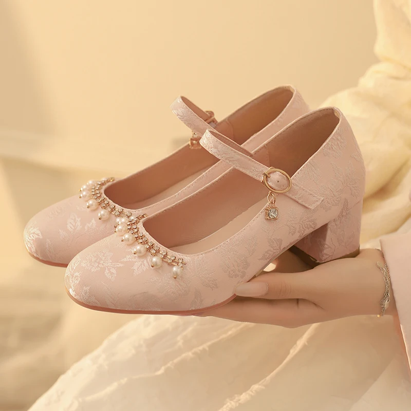 

YQBTDL 2026 Sweet Cotton Fabric Girls's Block Heels Elegant Fashionable Chinese Style Thick Heel Mary Jane Princess Shoes 12+Y