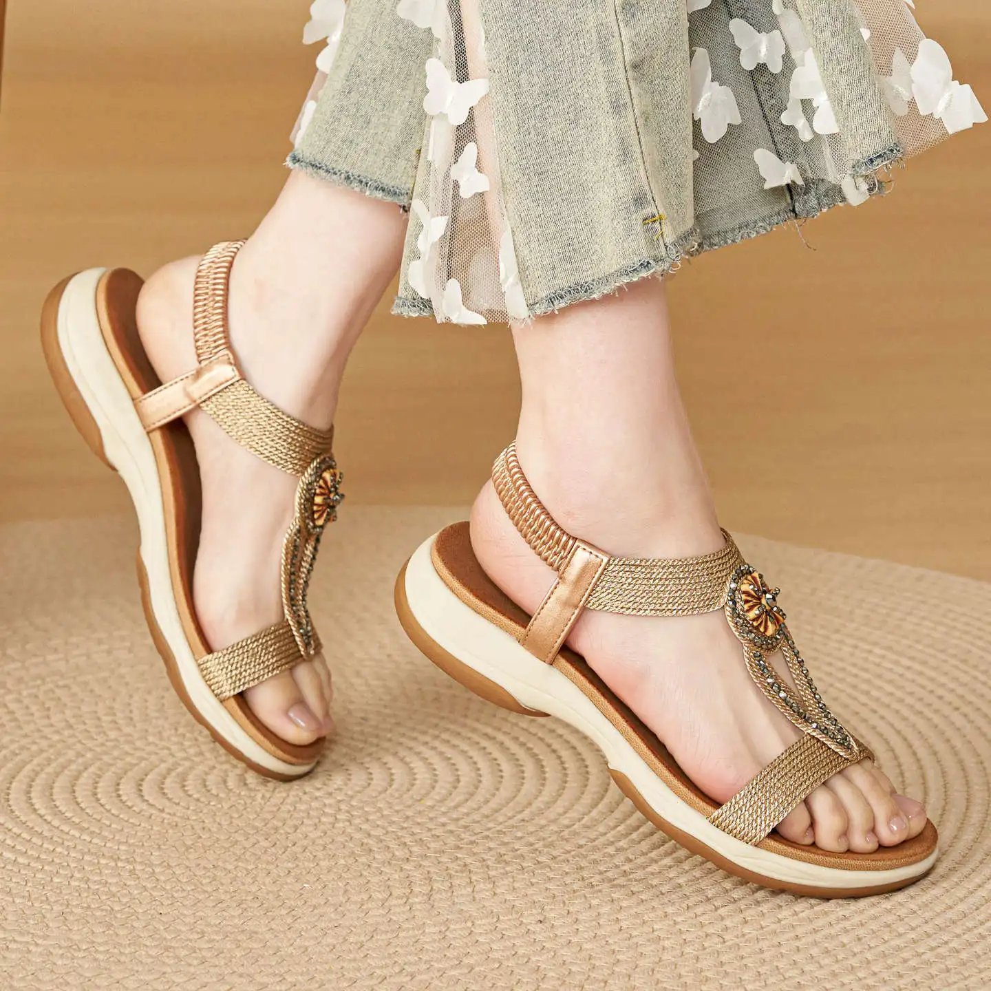 

Богемские сандалии с эластичными ремешками и стразами, удобные, с мягкой подошвой, нескользящие, износостойкие, дышащие, с открытым носком, для лета и пляжа, повседневные