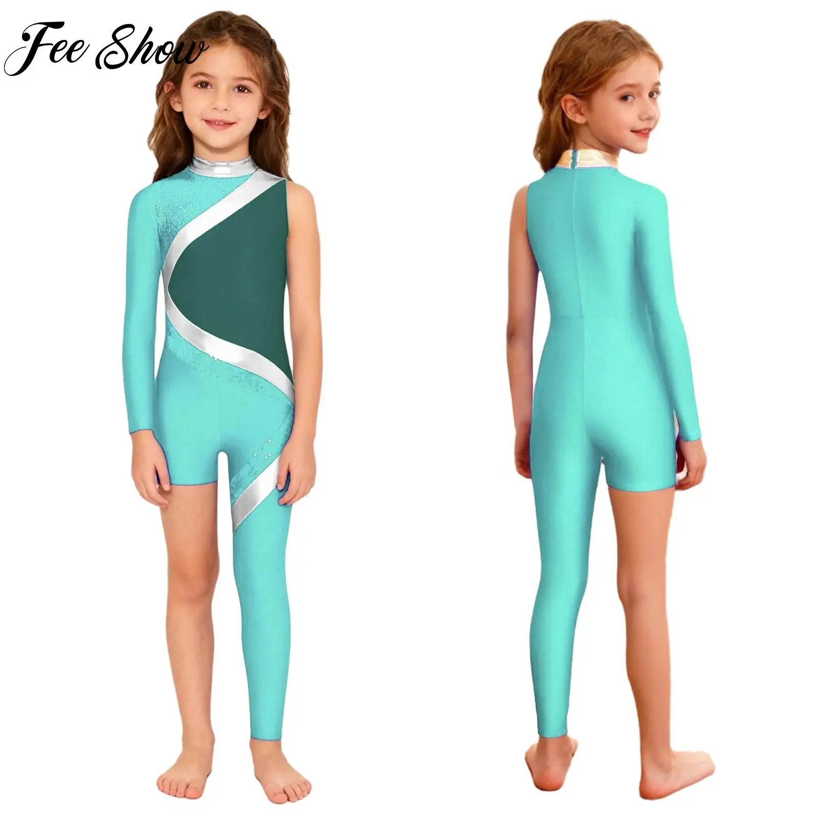 

Children's Gymnastics Dance Performance Costume Girls Mock Neck Zipper Shiny Sequins Color Block Asymmetrical Jumpsuit Dancewear