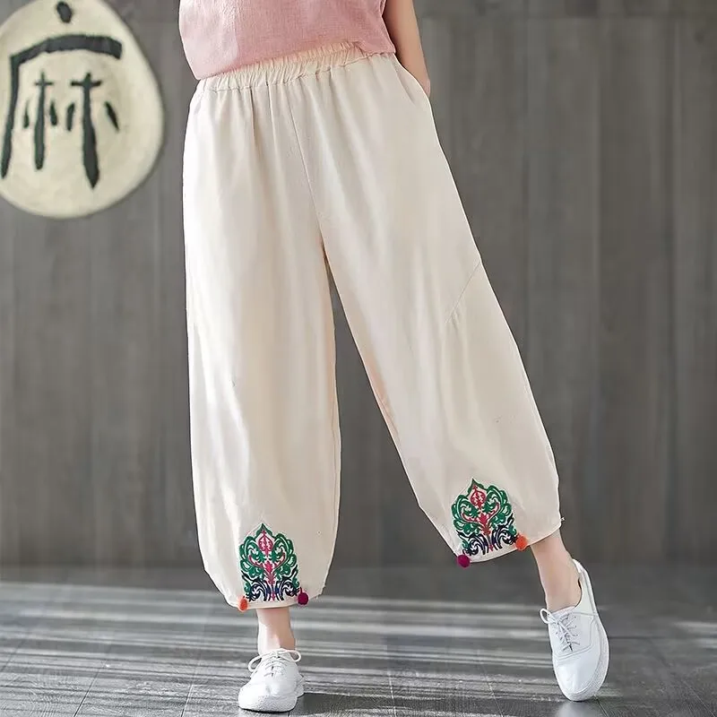 

2023 Spring Summer Cotton Linen Pants Women Casual Ankle-length Pant Vintage Embroidery Lace-up Waist Loose Trousers Harem Pants