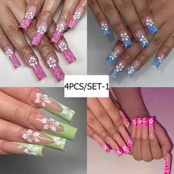 96pcs/4set-1 Press On Nails Long Ballerina-Blue Pink Red Green Cherry Blossom Green Leaf Design Fake Nail For Stylish Women