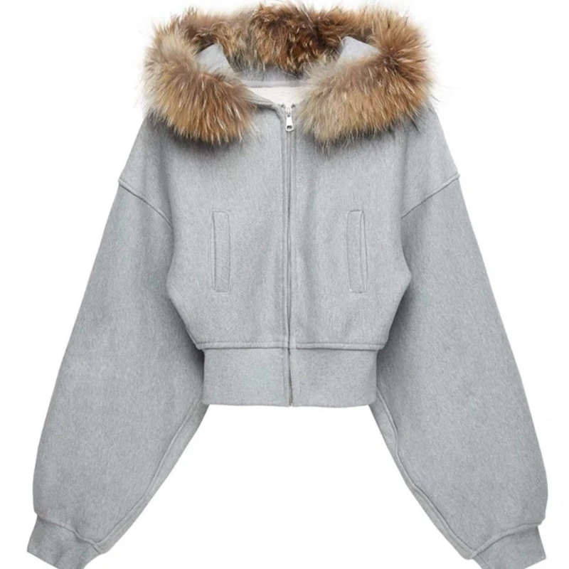 Deeptown Gray Fur Collar Zipper Hoodies Women Vintage Harajuku Crop Hooded Sweatshirt Korean Style Fashion High Street Hoodies