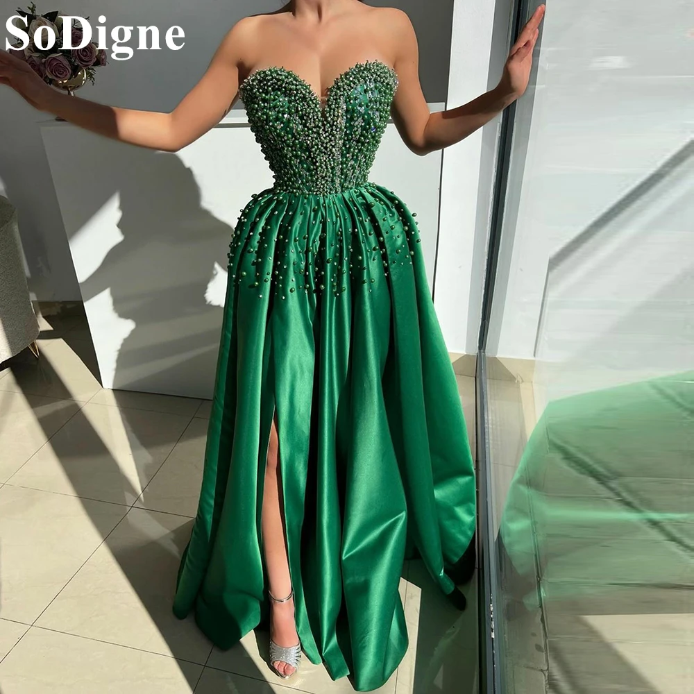 

SoDigne Sexy Green Satin Evening Dresses Strapless Beading Sequins Pleated Sweetheart Party Dress Side Slit Prom Gowns for Women