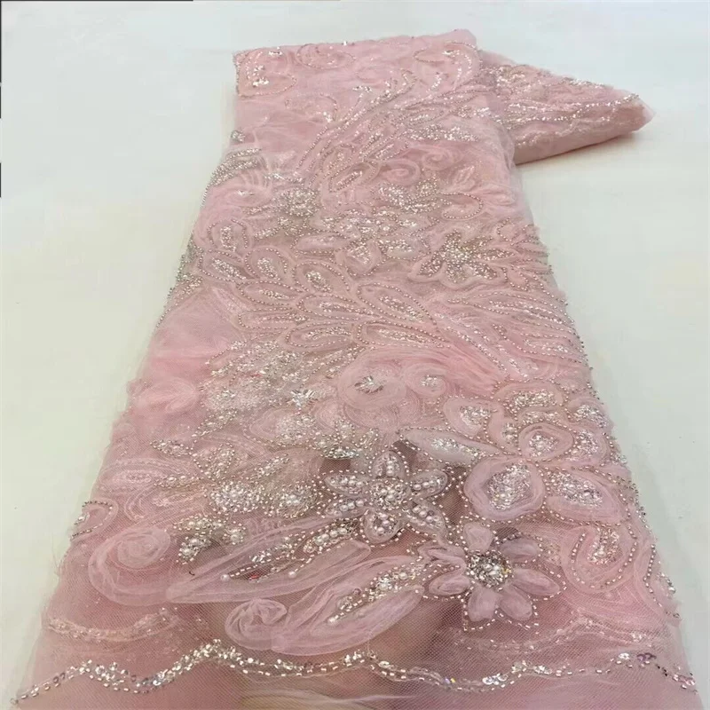 Pink Sequins Latest African Lace Fabric Beads High Quality Embroidery For Women Brocade White Mesh Lace Fabrics Nigerian 5 Yards