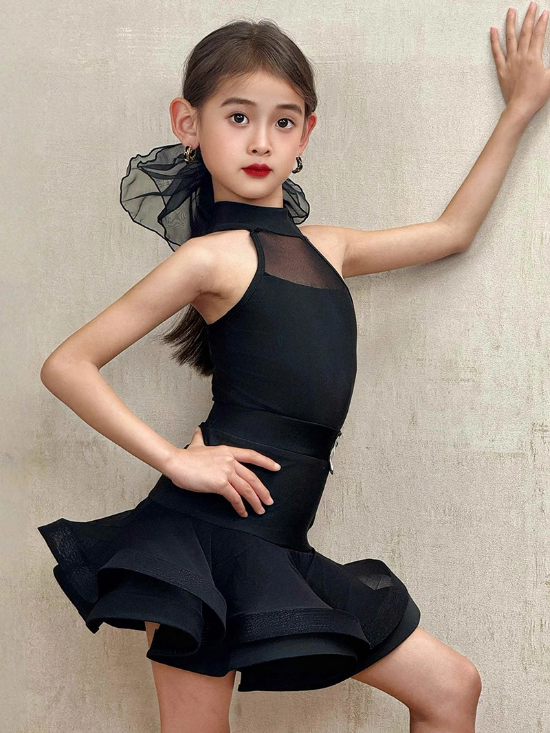 Robe d'entraînement de danse latine pour enfants, body en maille sans manches et jupe Double couche en arête de poisson, vêtements de danse pour salle de bal Samba