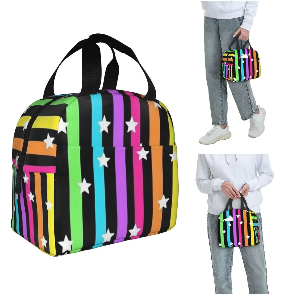 

Изолированная сумка для обеда с радужным полосатым фоном и звездами для женщин и детей, портативные коробки для еды, термосумка для обеда