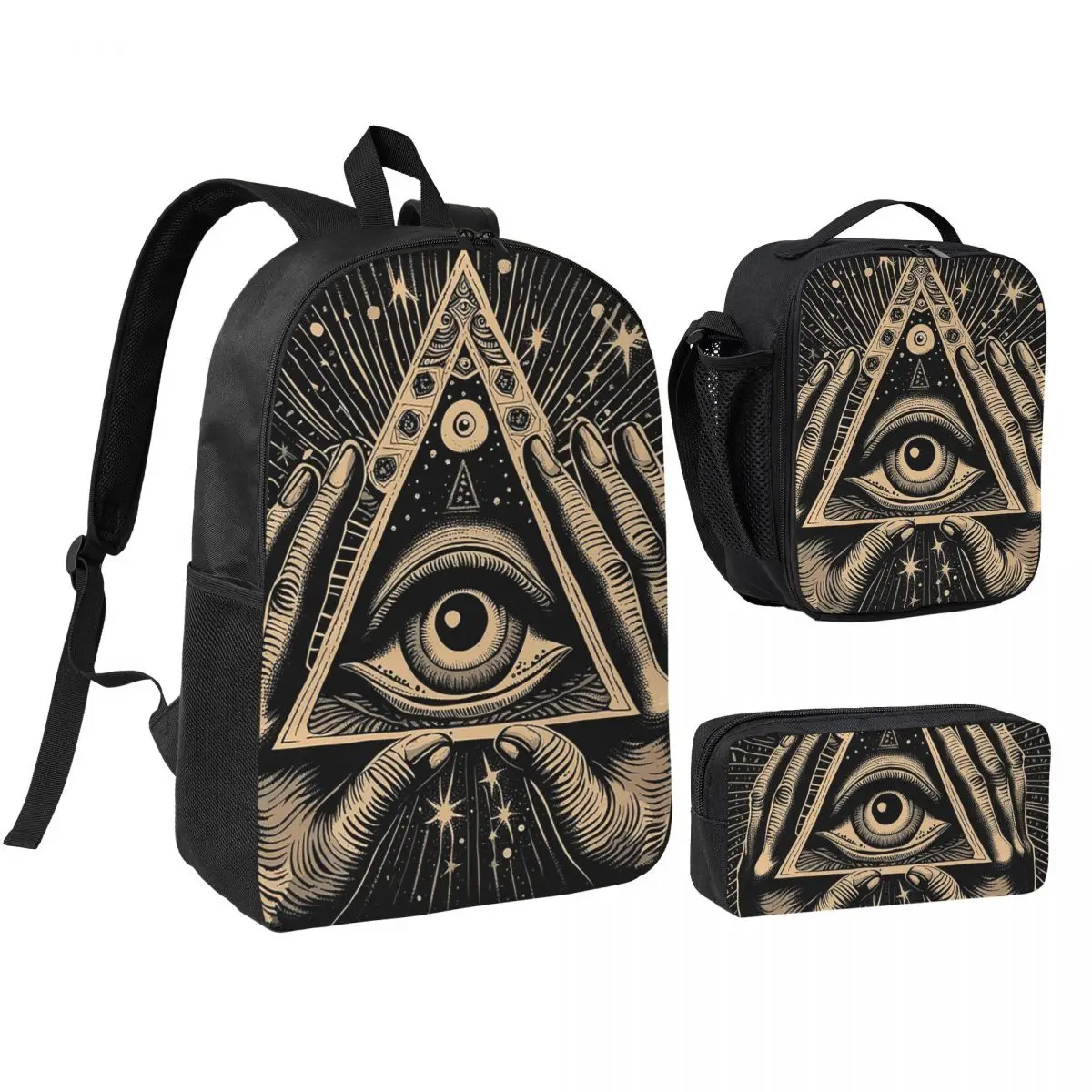 

Illuminati All Seeing Eye Backpack Boys Girls BookBag School Bag Shoulder Bags 3ps Insulated Lunch Bag Pencil Case