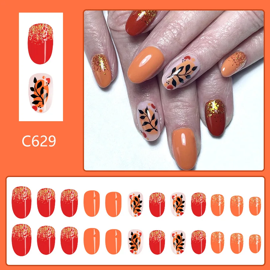 24pcs/set Fall Winter Brown Press On Nails Glossy Fake Nails With Black Leaves And Golden Foil Design Oval Shape False Nails