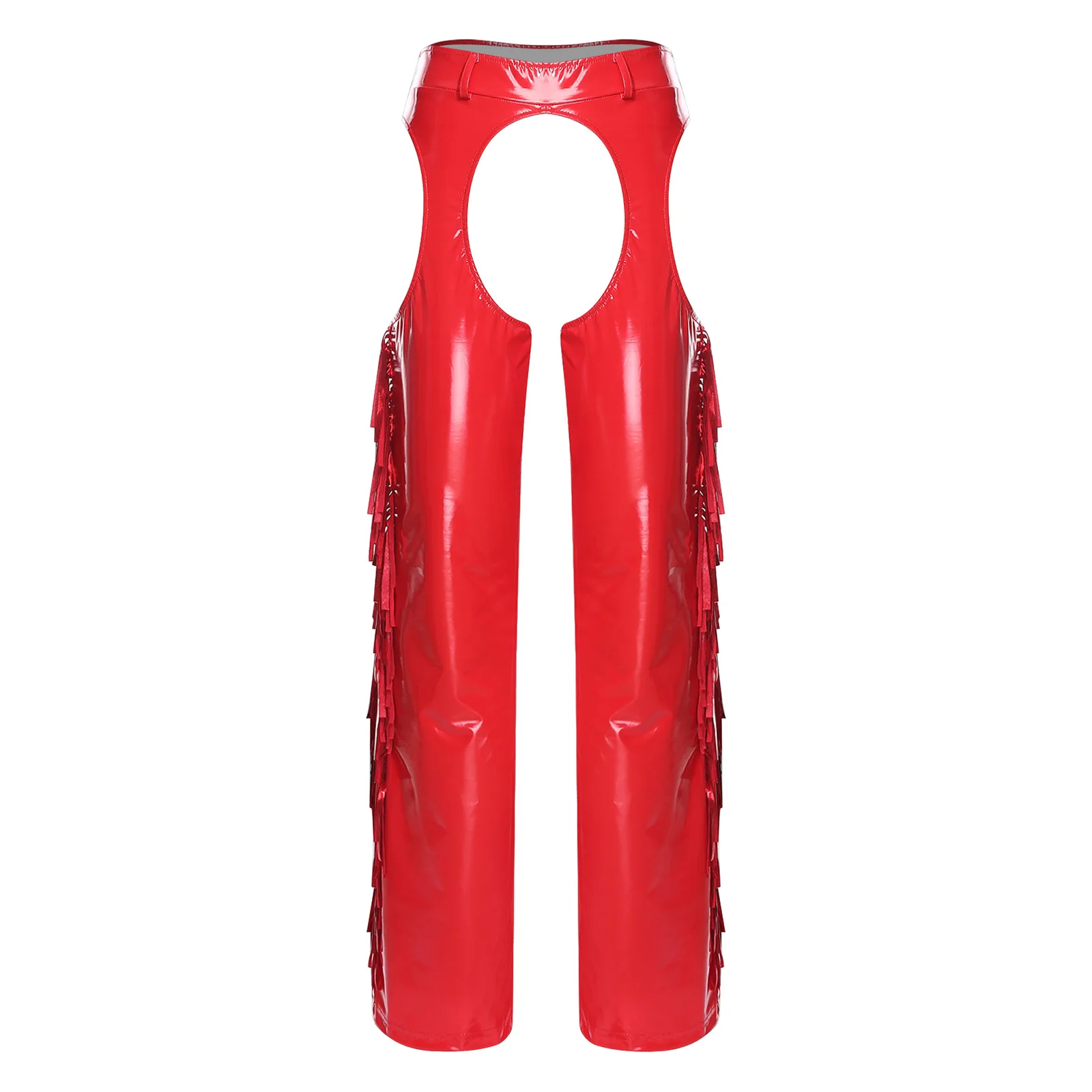 

Сексуальные женские глянцевые брюки из искусственной кожи из латекса, ковбойские брюки с вырезами в промежности и бедра, блестящие широкие длинные брюки с кисточками по бокам