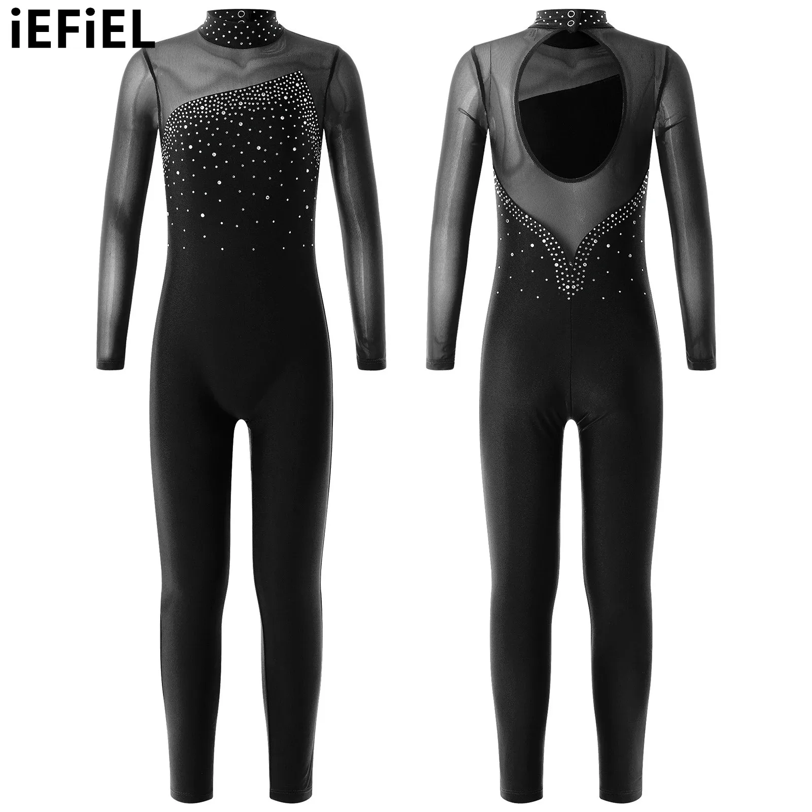 

Kids Girls Hollow Back Skating Jumpsuit Long Sleeve Round Collar Shiny Rhinestone Decorated Stylish Clothing