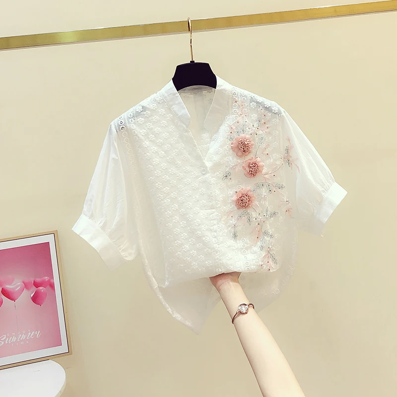 Lace Flower Embroidery Women Shrits 2024 Summer New V-Neck Short-Sleeved Loose Office Lady Elegant Outwear Coat Tops