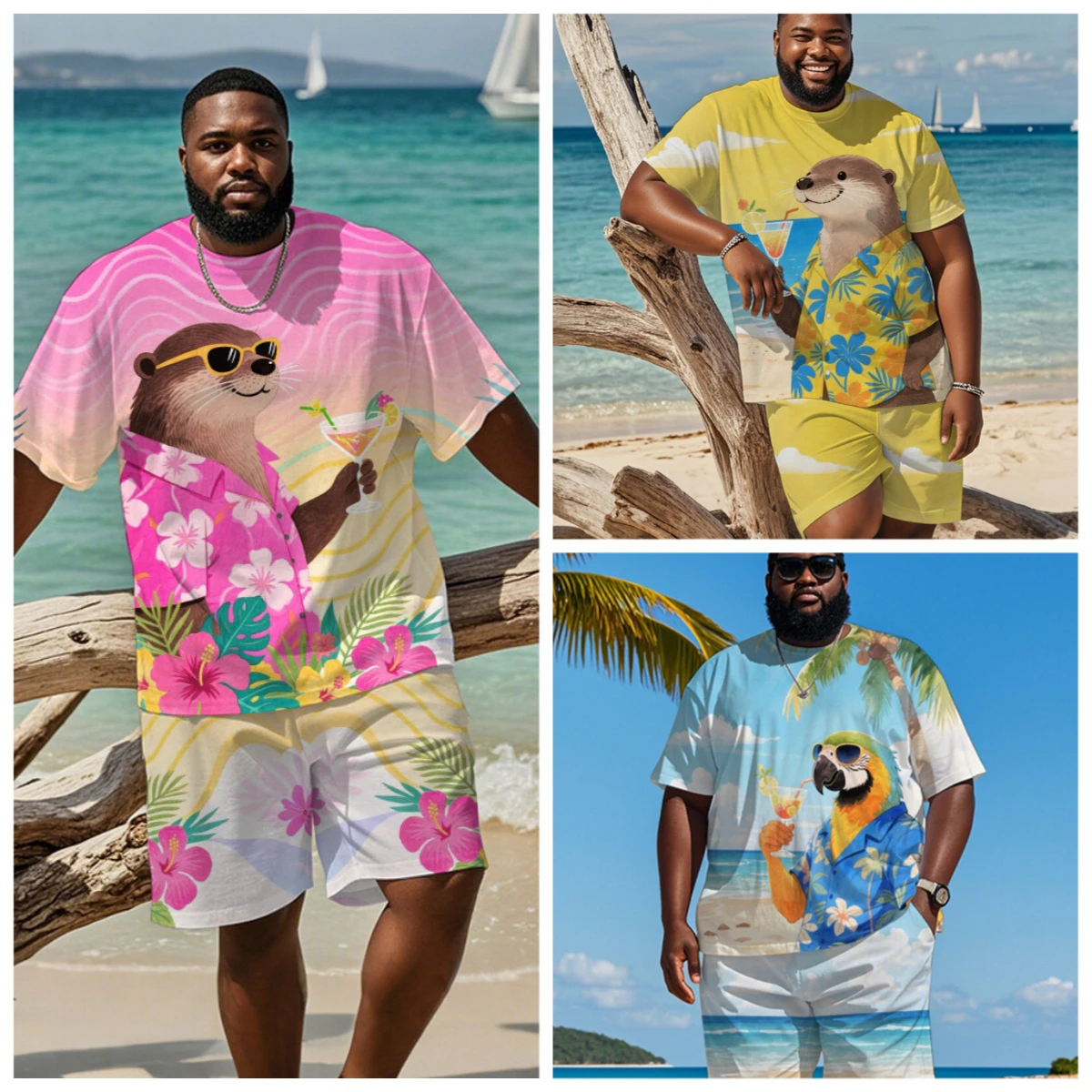

Big Men Tropical Otter Parrot Floral Beach Print Tee & Shorts 2Pcs Summer Casual Outfit