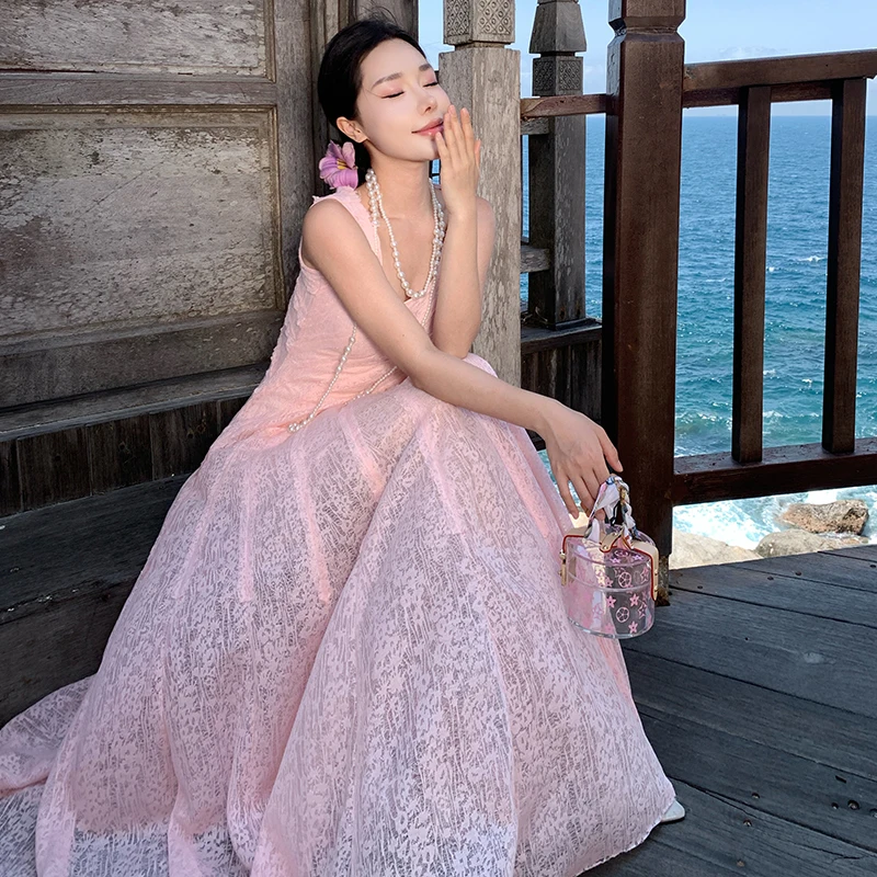 Sweet Sle Long Lace Dr Mehrere Stücke Hellrosa Sommer Hohe Taille Polyesterfaser Rundes Ne-Kleid für Frauen 25-29 Jahre...