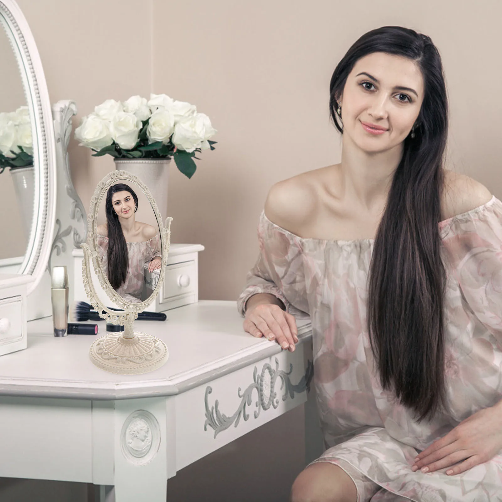 

Beige Oval Double-Sided Vanity Mirror 360 Degree Rotation High Definition 2x Magnifying Makeup Mirror for Dressing