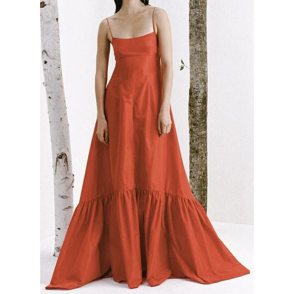 

Elegant Evening Dresses Spaghetti Strap Sleeveless A Line Floor Length Sweep Train Banquet Celebrity Prom Party Female Gowns