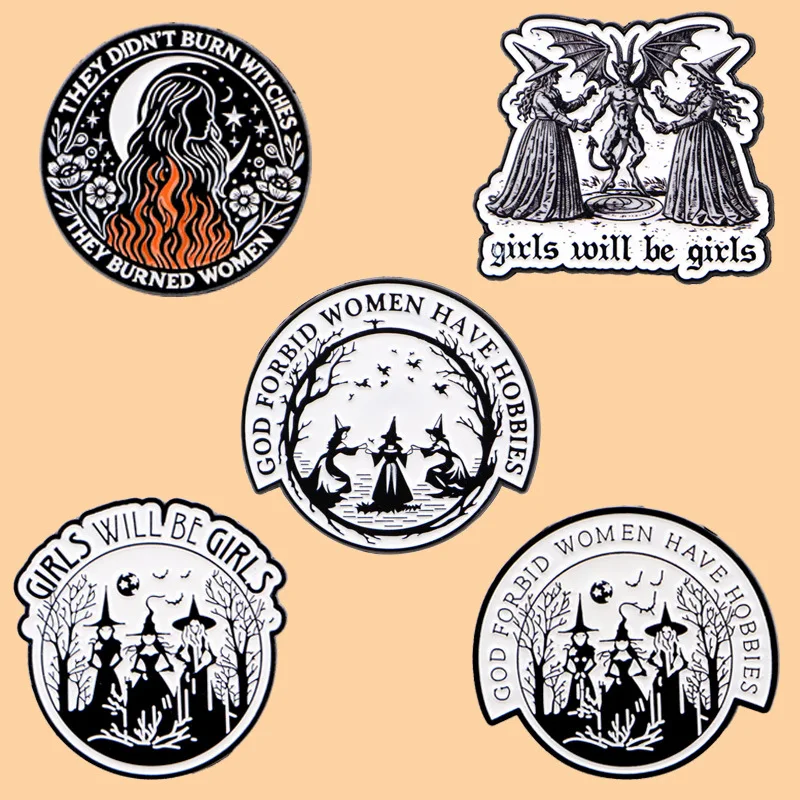 Black and White Witch Quote Enamel Pin Round Brooches for Women Badge on Backpack Clothing Accessories Jewelry Friends Gifts