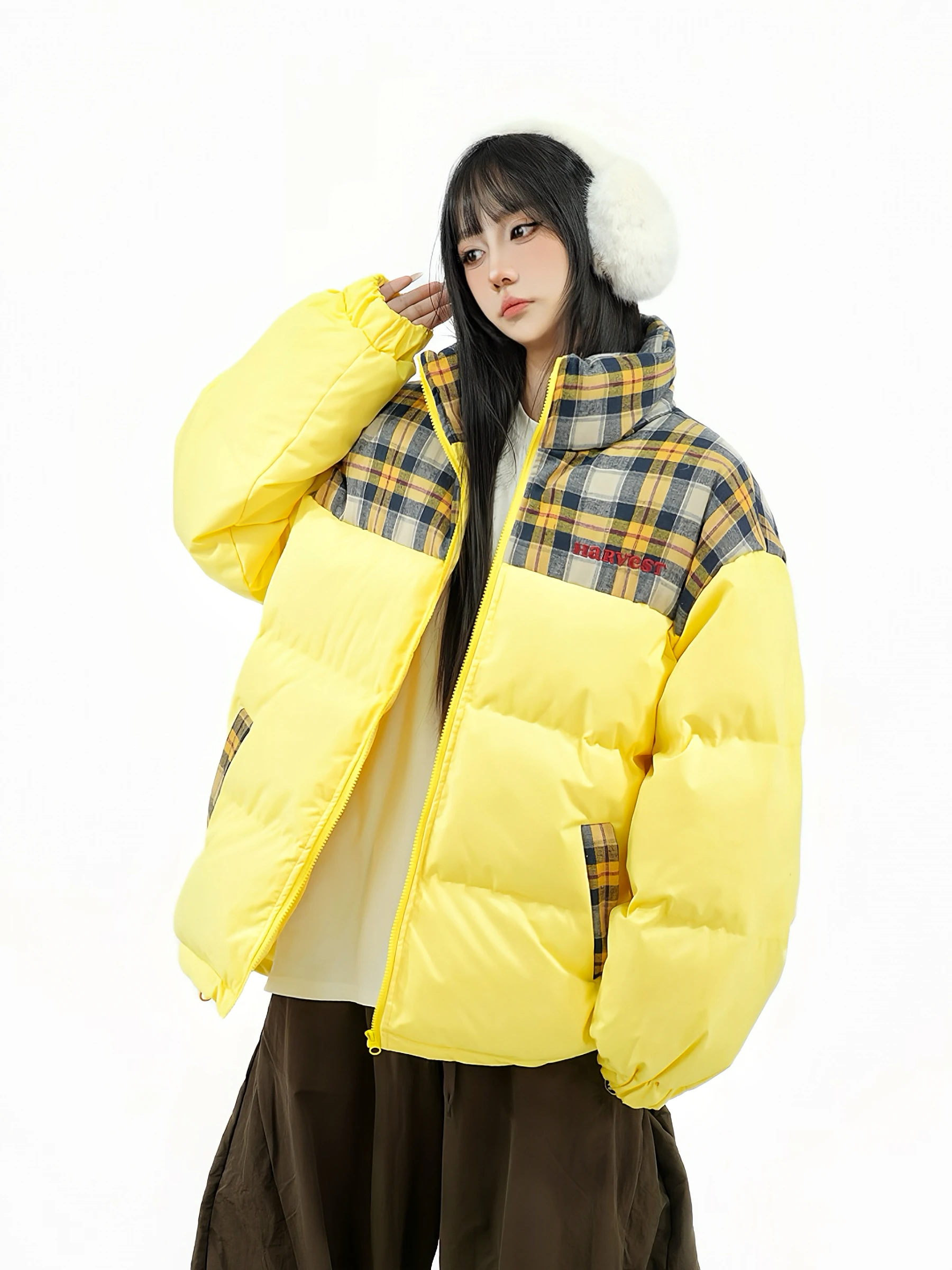 

Thiened Plaid Cotton Jaet American Retro Splicing Bread Sle Couple Outerwear Street Sle Loose Fit Zipper Closure Long...