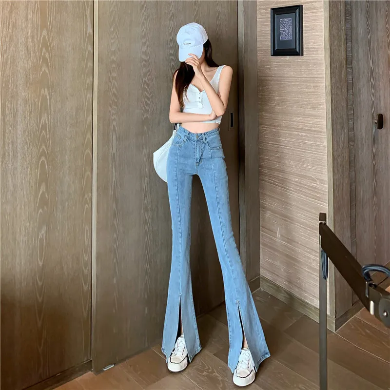 

Fashion Zipper Button Pockets Split Flare Jeans Female Clothing 2024 Autumn Winter New Slim Solid Color High Waist Casual Pants