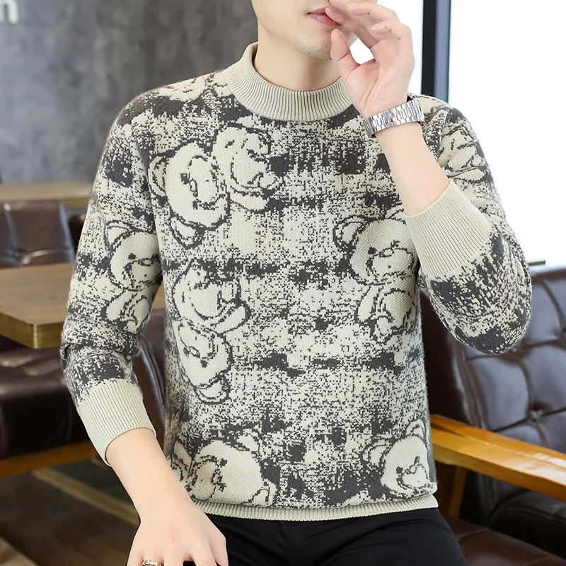 

Мужской вязаный свитер с вышивкой медведя, осенне-зимний, приталенный, с круглым вырезом, базовая модель, новая модная тенденция, из пряжи