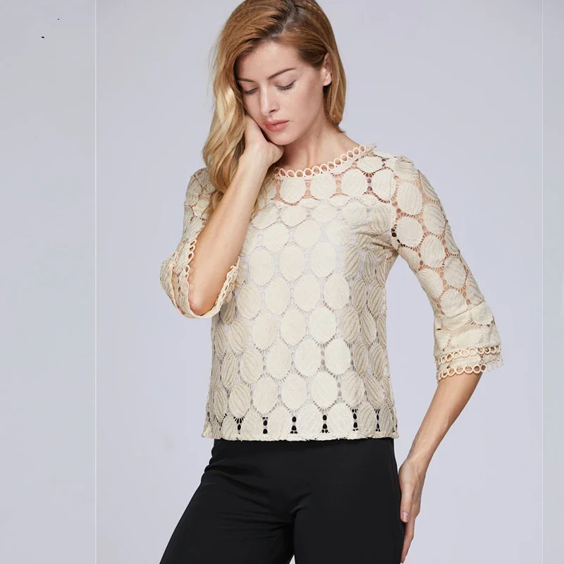 Summer Lace Flare Sleeve Chiffon Women Blouse New Casual Solid Hollow Out Shirt Elegant Top Spring Casual Clothing