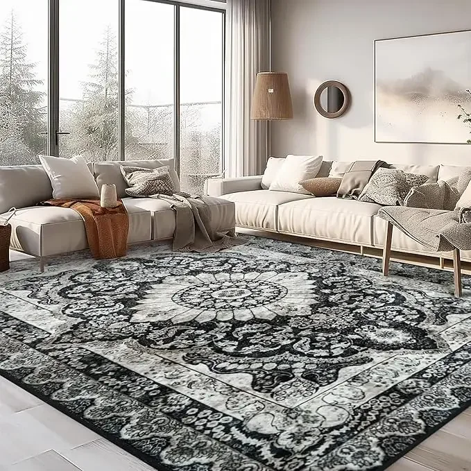 Large Black and White Distressed Persian Style Area Rug for Living Room Sofa Seating Area Decor