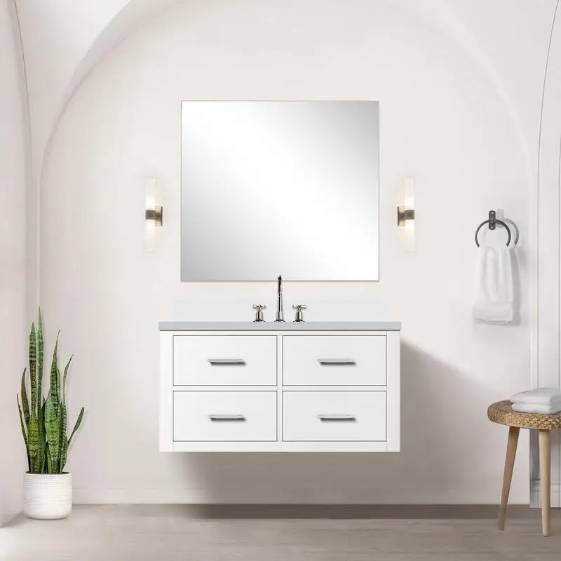 

36" White Single Bath Vanity with Quartz Countertop, 34" Mirror & Faucet Set
