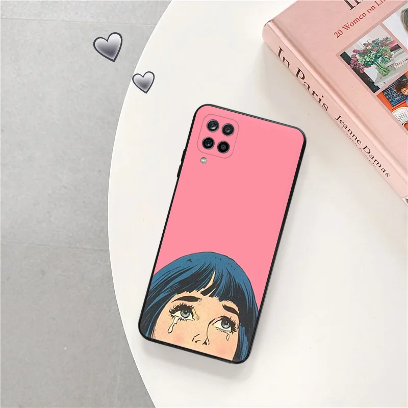 Phone Case for Samsung A40 A51 A52 A53 A54 A71 A72 A73 A74 A41 A42 A31 A32 A33 A34 Sad Girl Tears Cartoon Black Silicone Cover