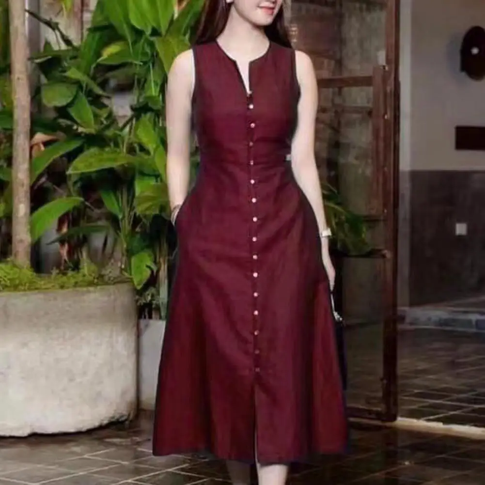 Women Summer Dress Single-breasted Sleeveless Solid Color Pockets Buttons A-line Mid-calf Length V Neck Tight Waist Lady Midi Dr