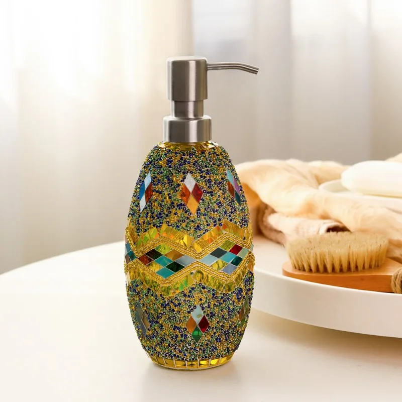 Vintage Home Ornament Bohemian Meter Bead Mosaic Glass Dresser Lotion Bottle Bathroom Kitchen Hand Sanitizer Press Bottle Decor