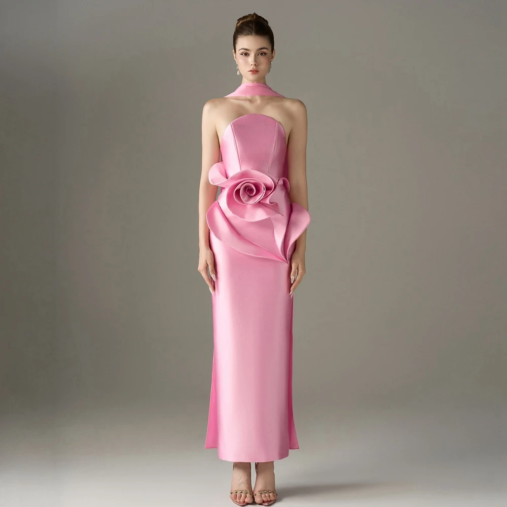 

Trendy Floral Satin Prom Party Dresses Elegant Halter Taffeta Long Evening Gowns Handmade Flower Formal Pageant Dress With Slit