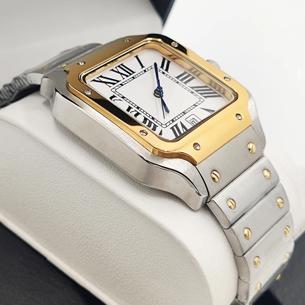 Square men's and women's watches, men's and women's automatic watches, stainless steel bamboo strap casual watches