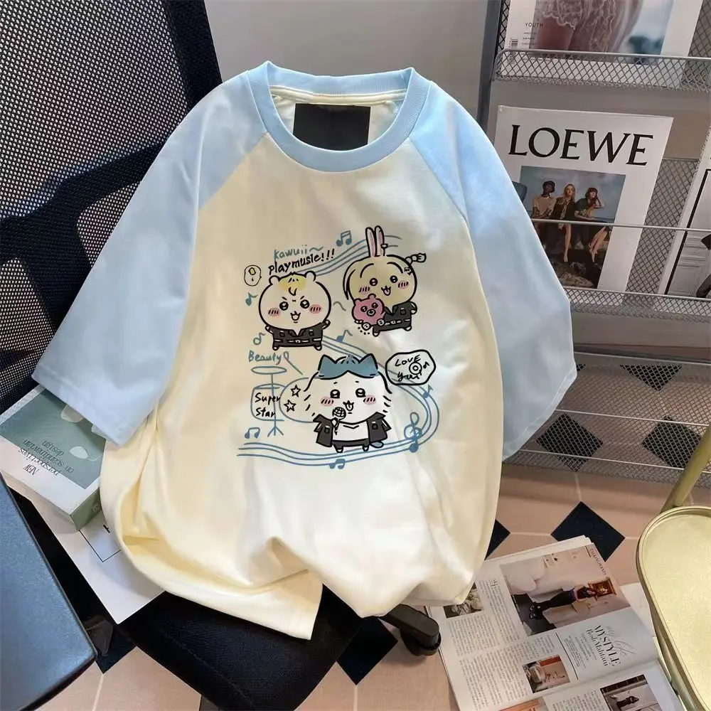 Chiikawa Cute Jiyi USAGI Hachiware Raglan Short-sleeved T-shirt for Men and Women Summer Niche College Style T-shirt Top Gift