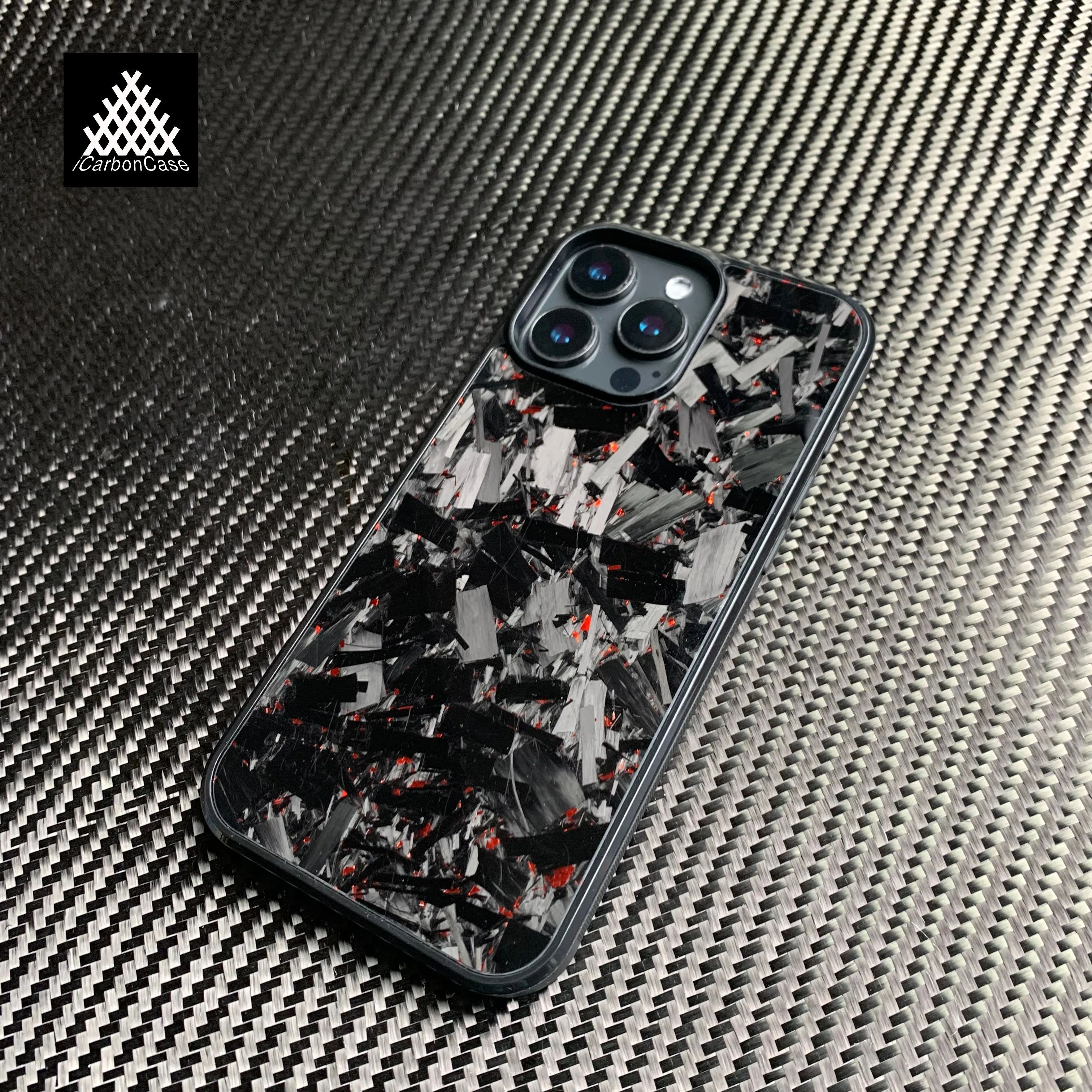

Magnetic Big Fragments Red Forged Carbon Fiber Case for iPhone 16 15 14 13 12 11 Pro Max 16e Plus with Magsafe Wireless Charging