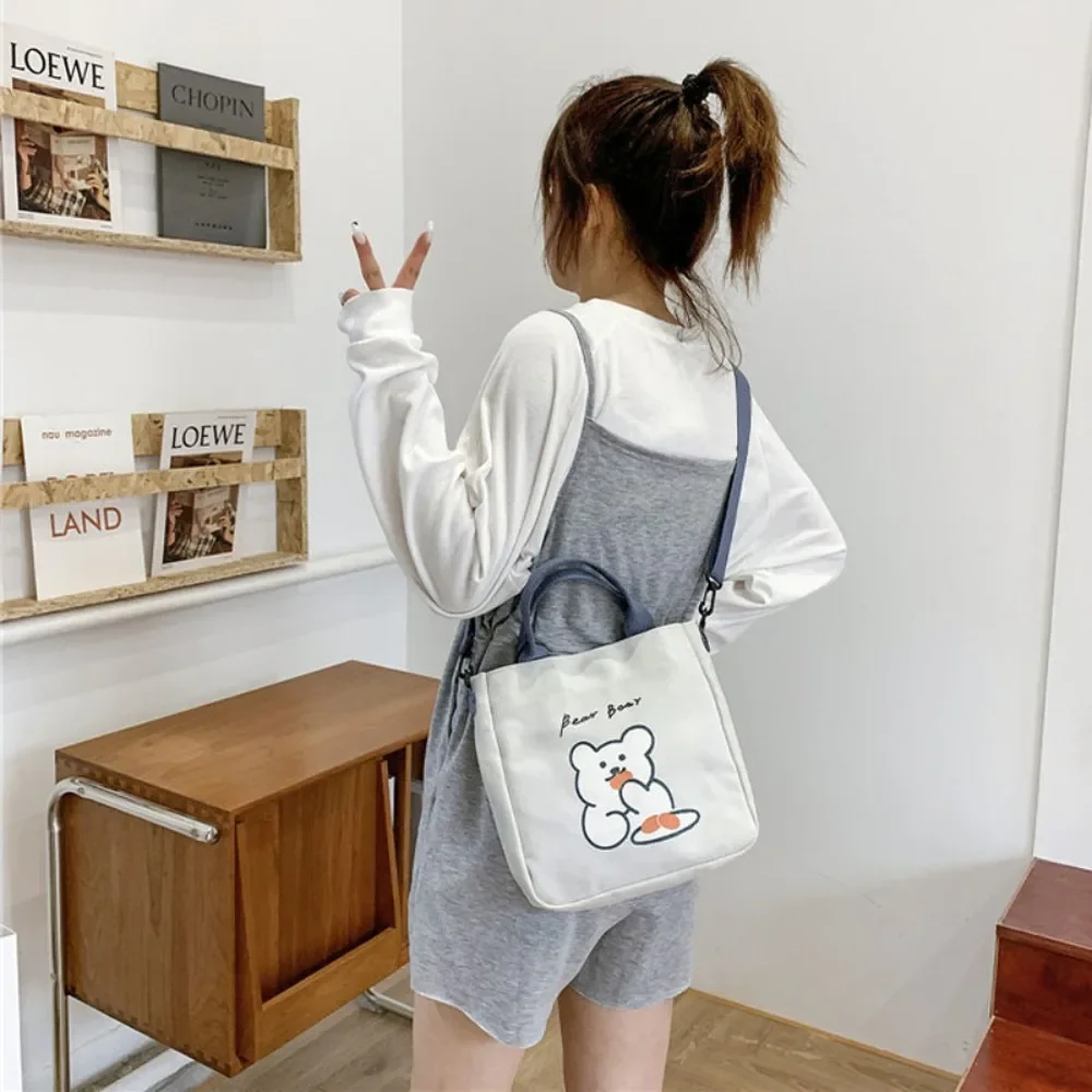 

Canvas Tote Shoulder Bag Women's Cartoon Bear Print Zipper Lightweight Student Travel Purse Casual Beach Stylish Accessories