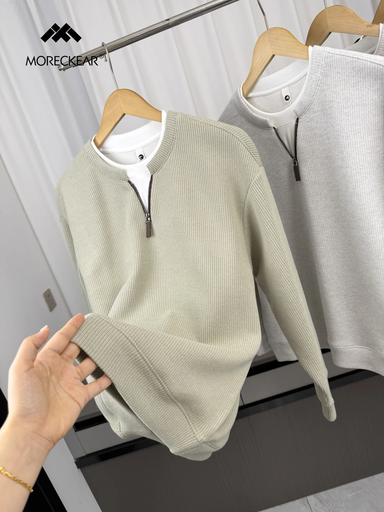 Men's Casual Long Sleeve Hoodie Zipper Design Small V-neck Fashionable Autumn High-grade Fake Two-Piece Sweatshirt