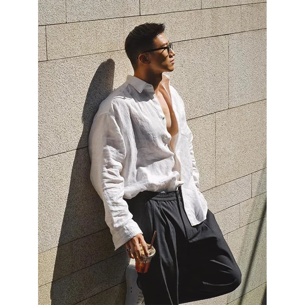 

Eur Style Men's Pure Cotton Linen Shirt Casual Long Sleeve Loose Fit Breathable Lightweight Autumn Spring Season Fashion