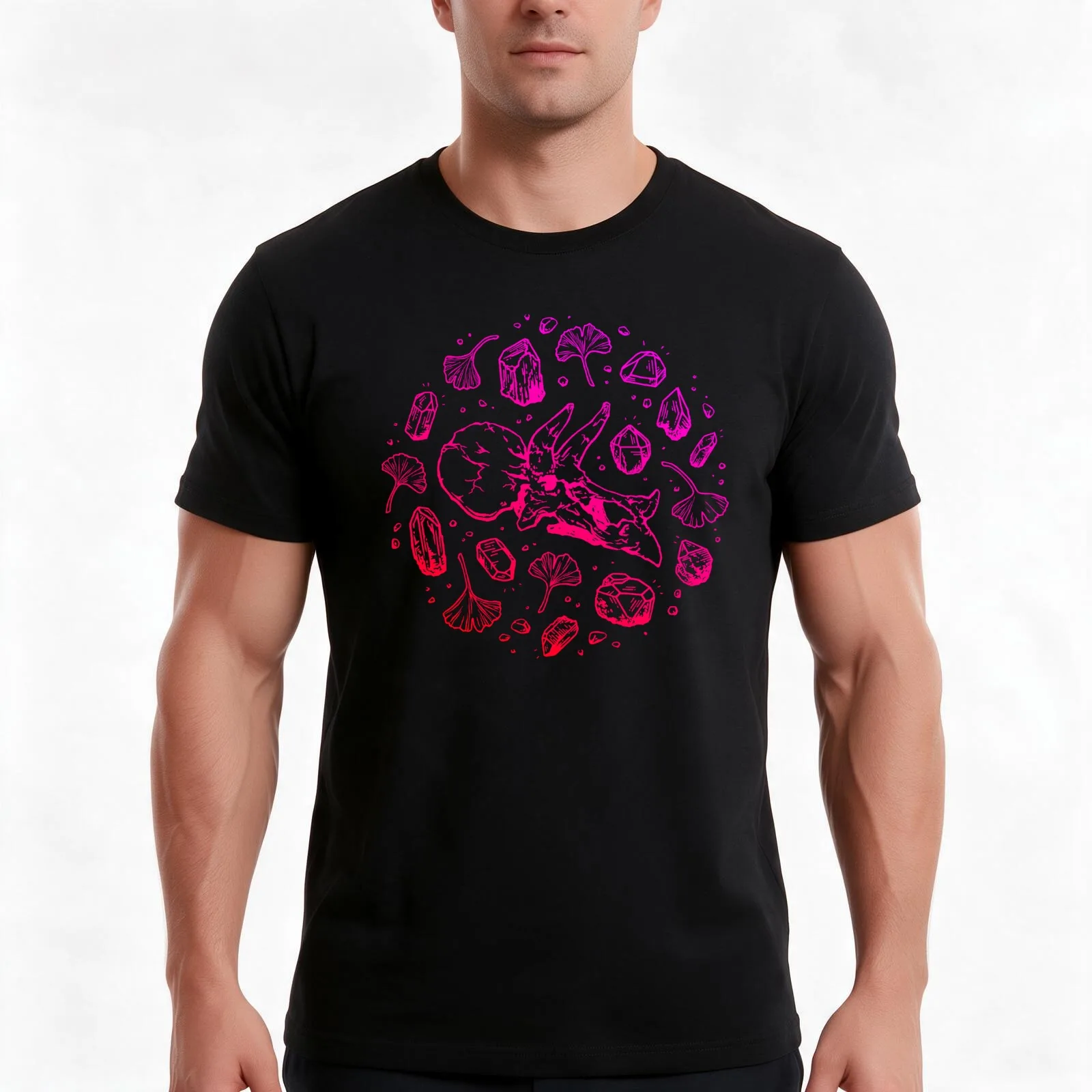 Triceratops Rocks! | Fiery Pink Ombré | Dinosaur Fossil Art T-Shirt, Summer Casual Cotton Tee, Oversized Streetwear Tops