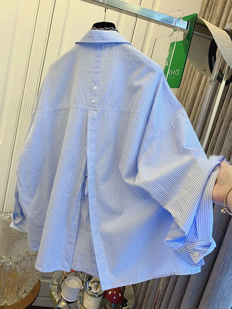 

Ele Blue Striped Long Sve Women's irt Loose Fit Sun Protection Spring Autumn New Sle Button Detail irt