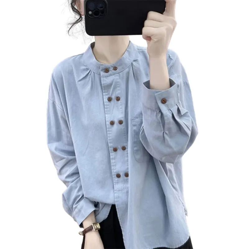 2024 Elegant Fashion Kawaii Shirt Solid Button Pure Cotton Stand Pure Cotton Long Sleeve Tops Women Loose Casual Female Clothes