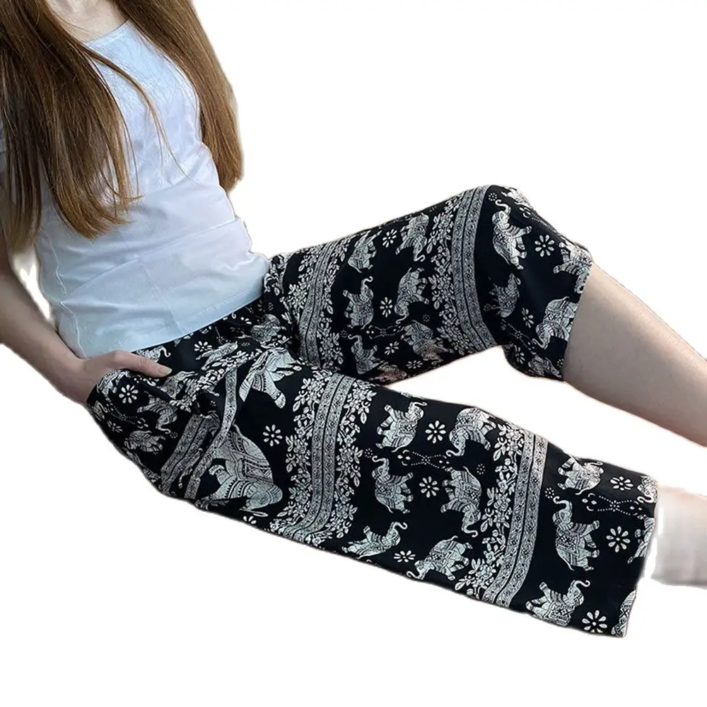 

Artificial Cotton Silk Women Summer Pants Loose Thin Print Beach Pants Home Soft Pajama Pants Casual Wide-Leg Pants Female XL