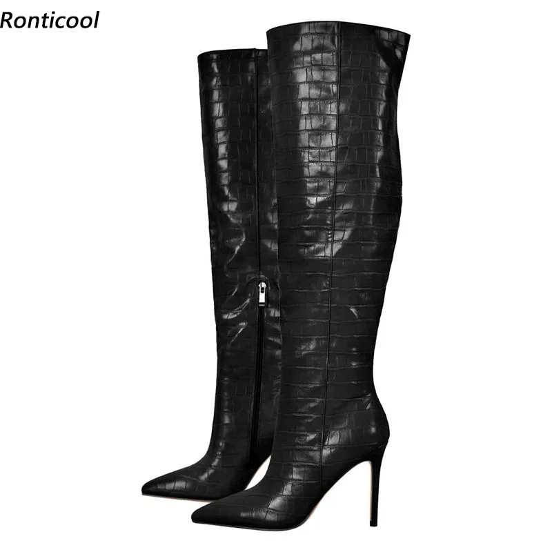 

Ronticool/женские зимние сапоги выше колена с боковой молнией и камнями на шпильке с острым носком, черные эксклюзивные клубные туфли, размер США 5-15