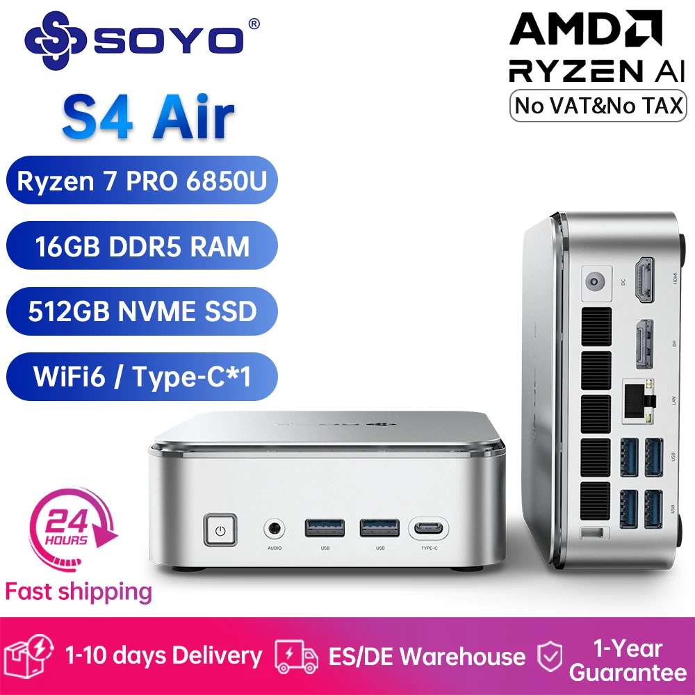 Mini PC de jeu SOYO S4 Air, Ryzen 7 PRO 6850U, 16 Go DDR5, 512 Go SSD PCIe, Win11, prend en charge l'affichage double 4K, WiFi6/BT5.2, mini ordinateur