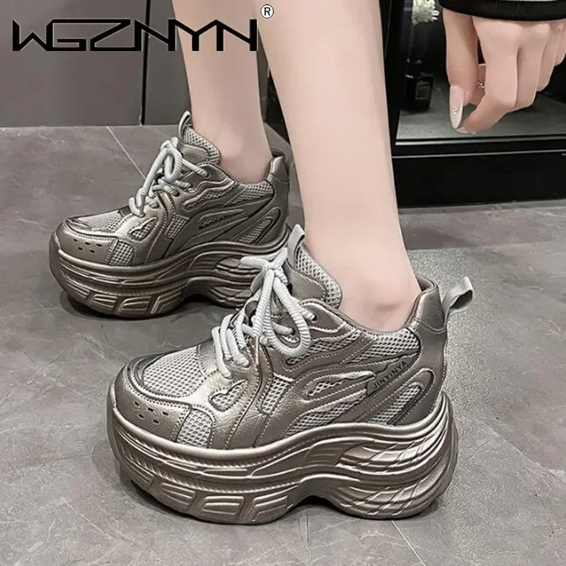 Women Autumn Breathable Chunky Sneakers Lace Up 8.5CM Platform Sports Shoes Woman Thick Bottom High Heels Female Wedges Sneaker