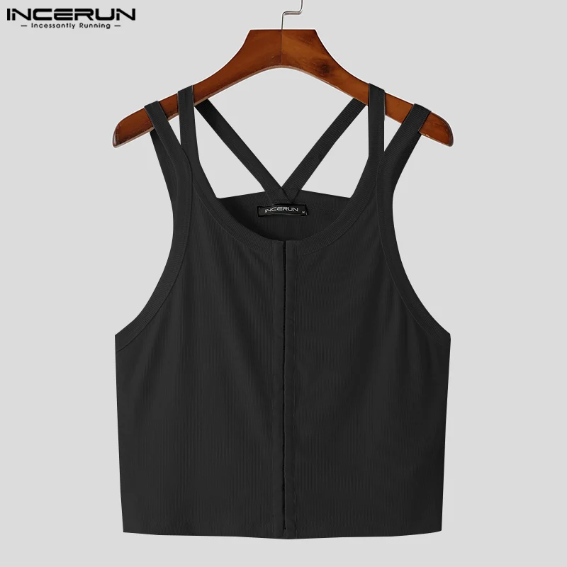 2023 Men Tank Tops O-neck Sleeveless Button Summer Solid Color Crop Tops Men Fitness Sexy Streetwear Stylish Vests S-5XL INCERUN