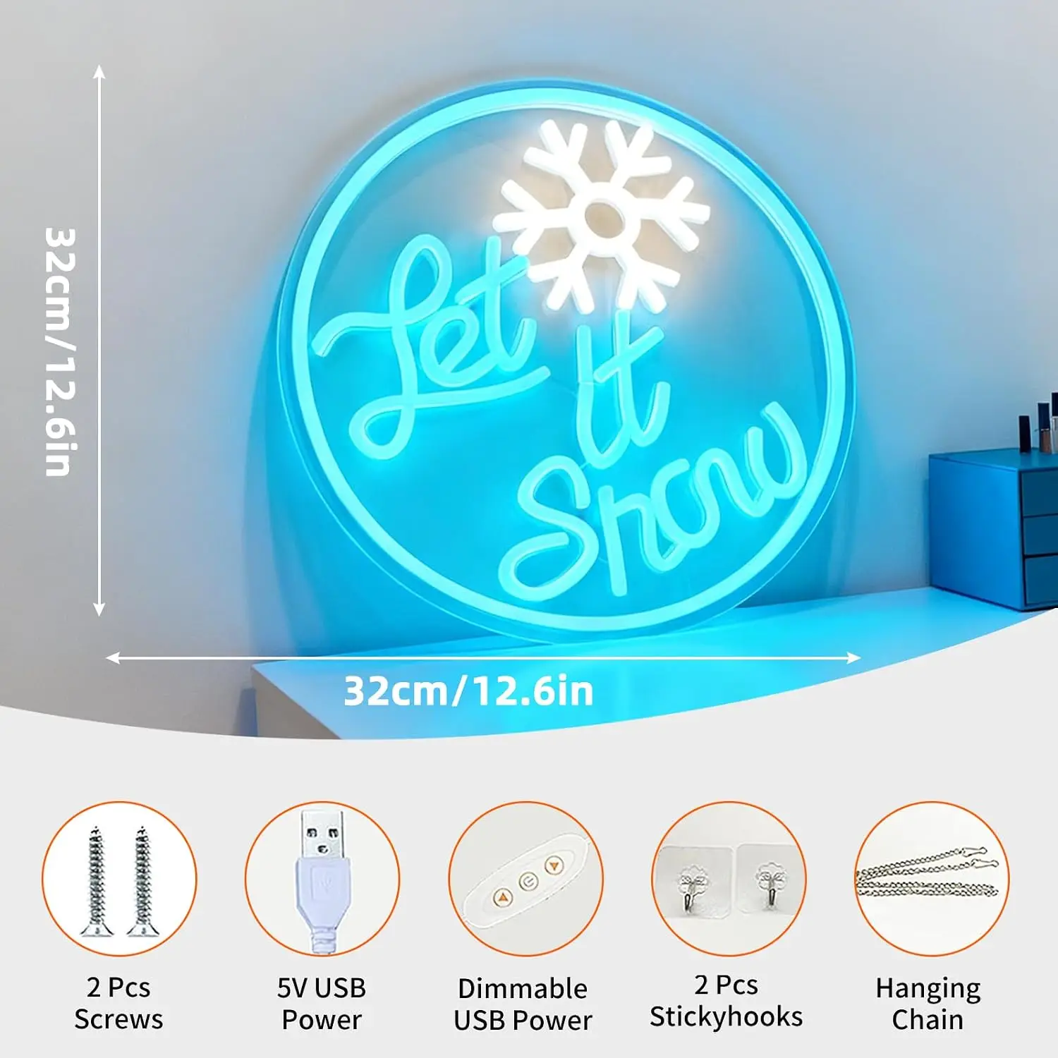 Let It Snow LED Neon Sign USB Wall Light Winter Christmas Decor for Bedroom Window Bar Cafe Xmas Party Snow Atmosphere Lamp