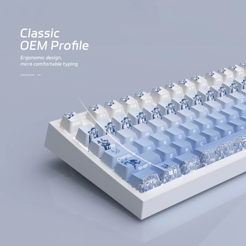 108/135Keys ชุดปุ่มกด PBT หนาพอร์ซเลนสีฟ้าและสีขาวปุ่มกด Double Shot