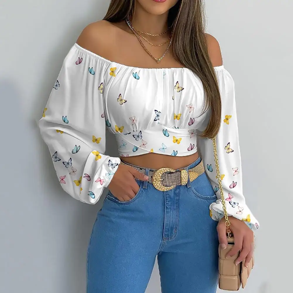 

Women Sexy Off Shoulder Blouses Lantern Long Sleeve Blouse Cropped Tops Cross Lace-up Solid Color Loose Fit Tee Shirt Streetwear