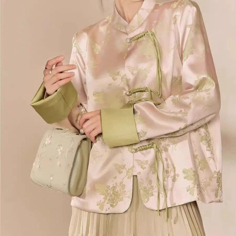 2025 봄 가을 여성 꽃 나비 패턴 모조 실크 패치 워크 중국어 당나라 의상 코트, 여자 녹색 꽃 코트
