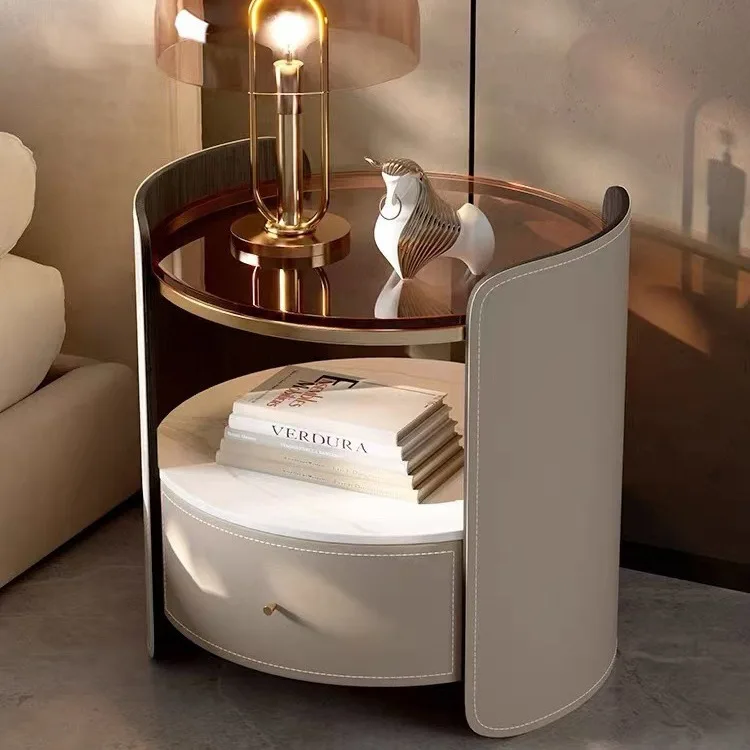Italian saddle leather round bedside table modern small apartment high-end solid wood chest, bedroom bedside table storage cabin