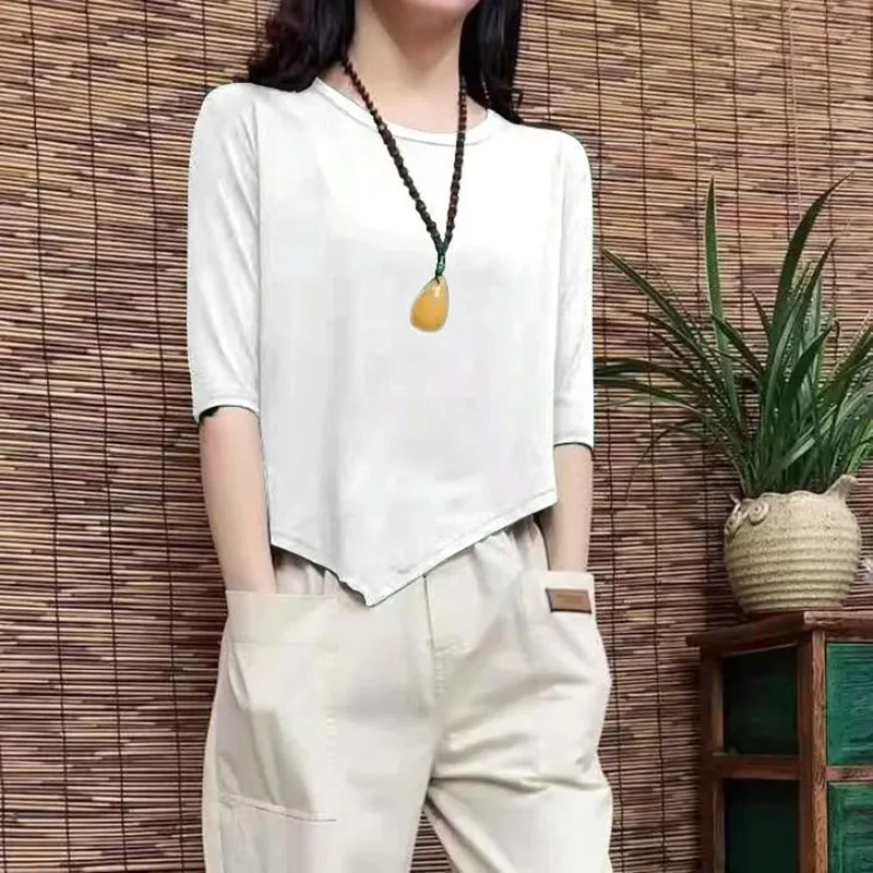 Fashion O-Neck Solid Color Asymmetrical Blouse Women\'s Clothing 2023 Summer New Oversized Casual Pullovers Loose Korean Shirt